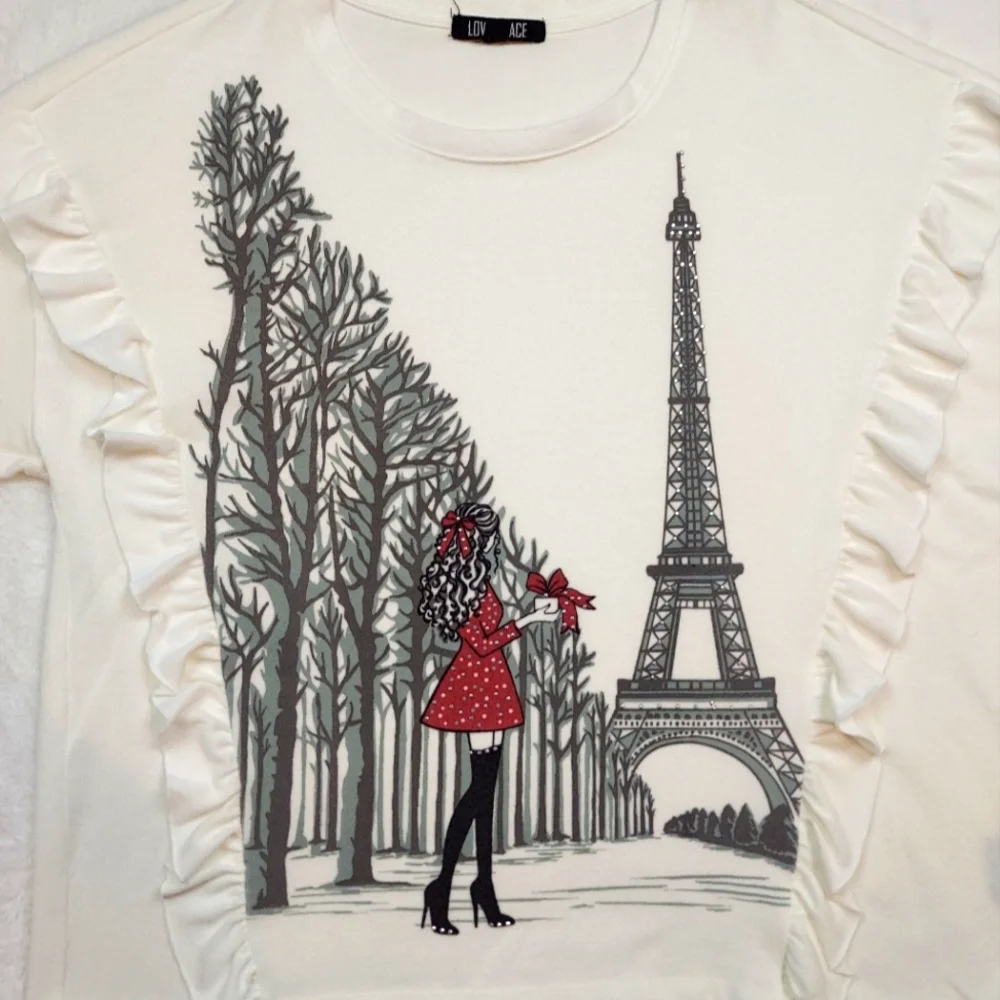 Love + Lace Cream Eiffel Tower & Lady Winter Scene Ruffle Detail Sweatshirt 3X - Picture 2 of 11